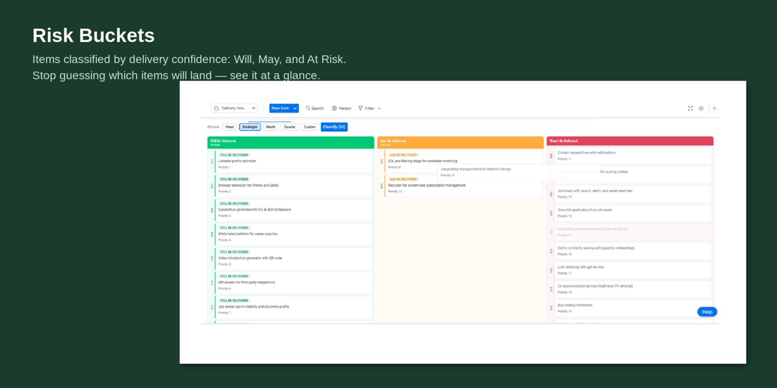 Risk Buckets — items classified into Will, May and At Risk with drag-and-drop prioritisation